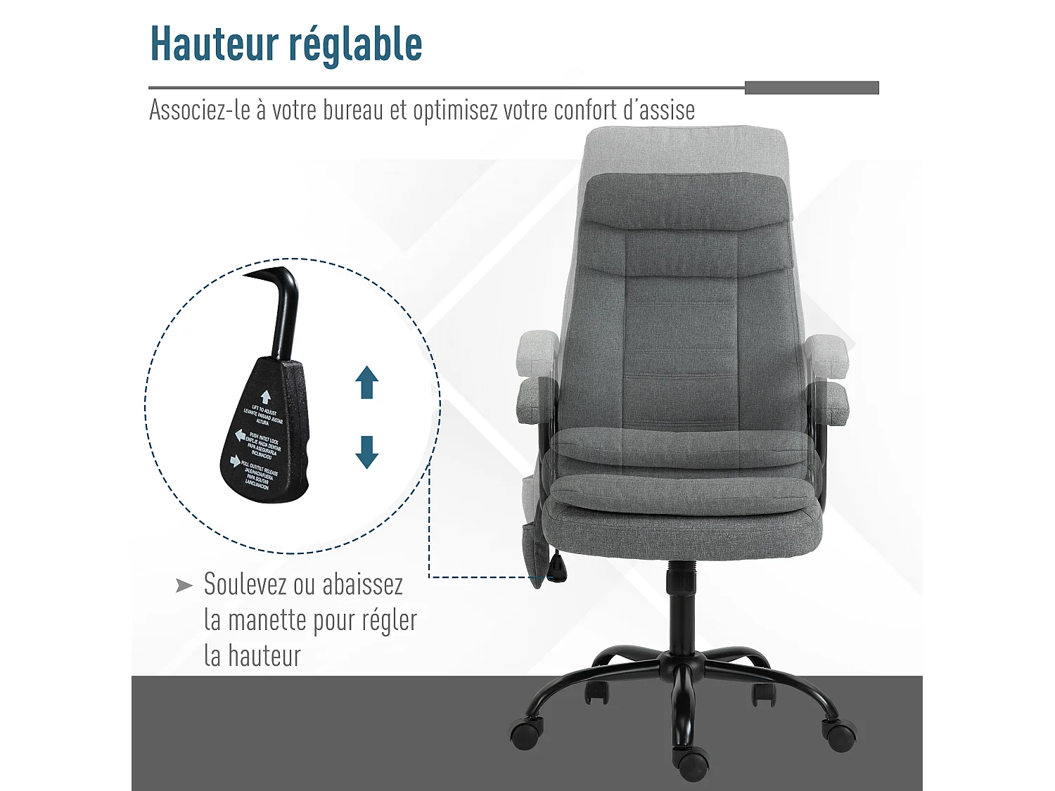 Vinsetto Fauteuil bureau manager massant pivotant hauteur réglable tissu lin gris