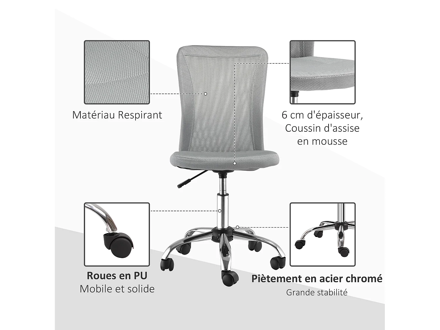 Vinsetto Chaise de bureau ergonomique hauteur réglable piètement chromé pivotant 360° revêtement maille gris
