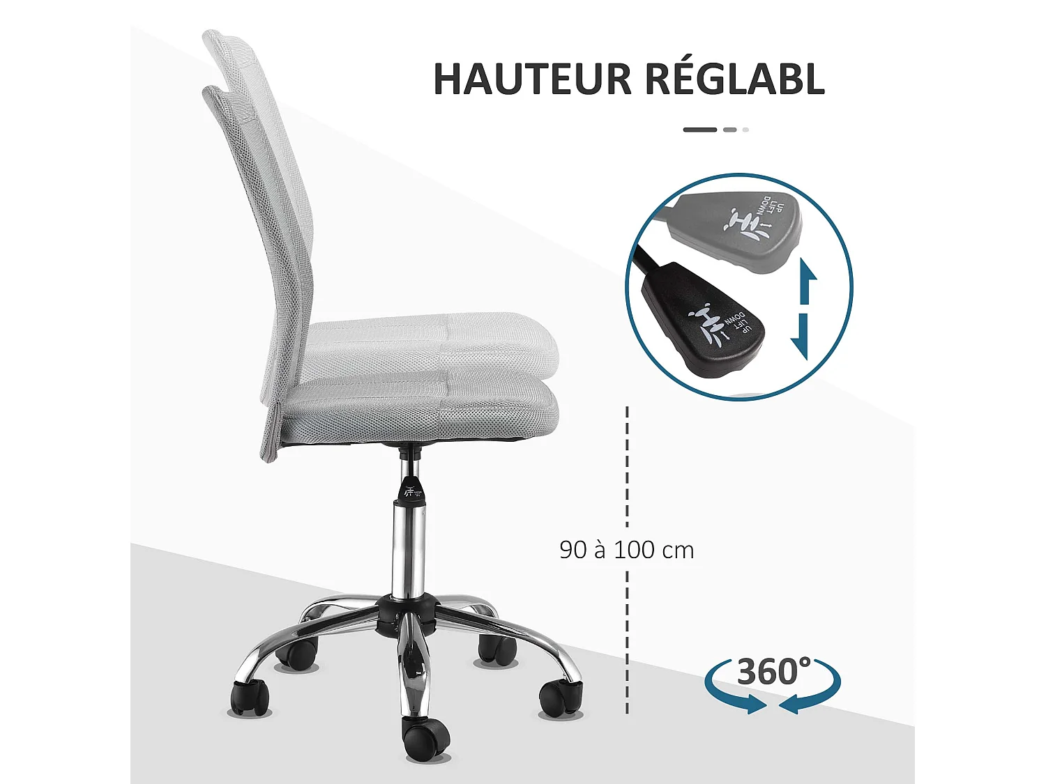 Vinsetto Chaise de bureau ergonomique hauteur réglable piètement chromé pivotant 360° revêtement maille gris