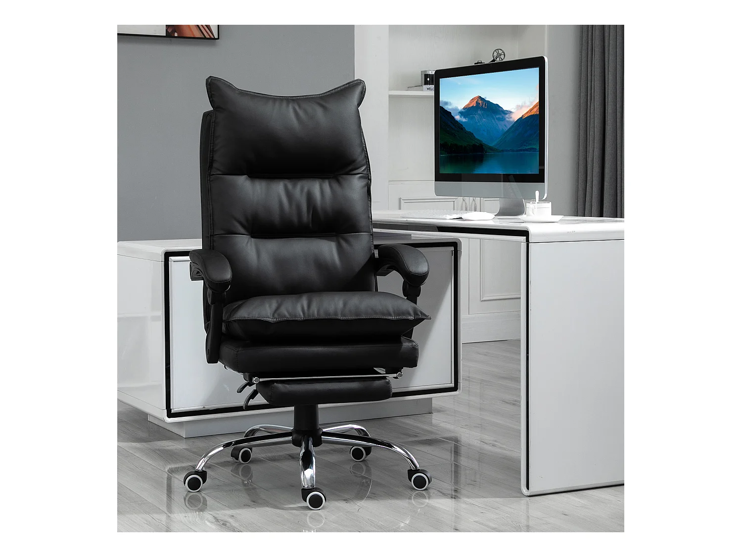 Fauteuil de bureau direction hauteur réglable dossier inclinable repose-pied intégré revêtement synthétique noir