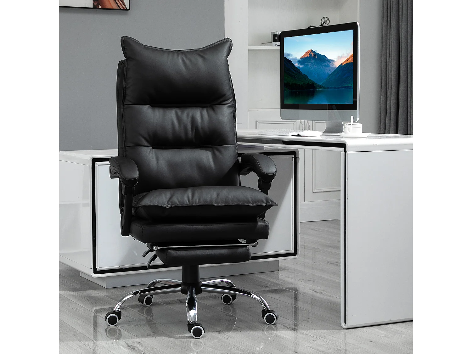 Fauteuil de bureau direction hauteur réglable dossier inclinable repose-pied intégré revêtement synthétique noir