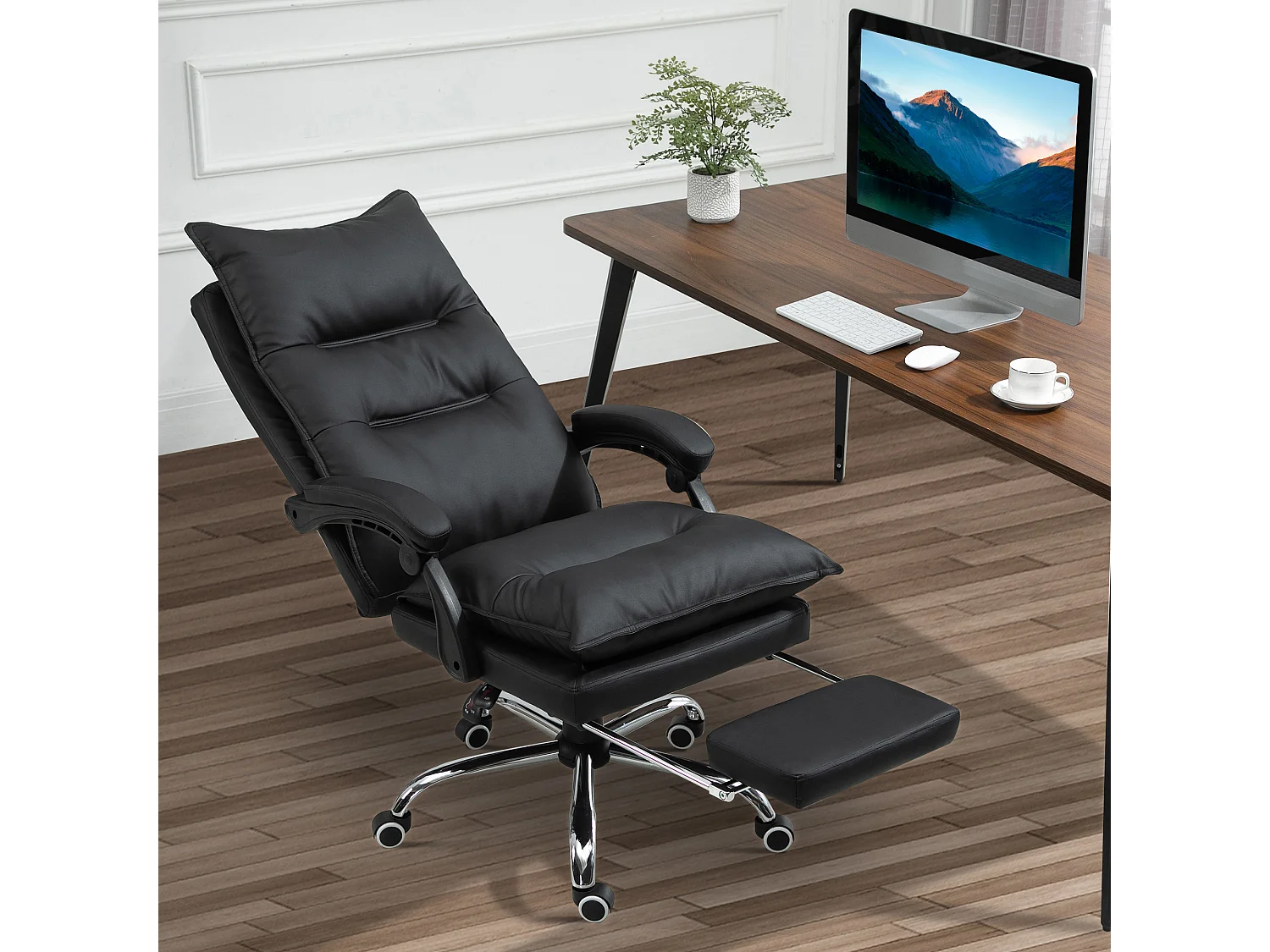 Fauteuil de bureau direction hauteur réglable dossier inclinable repose-pied intégré revêtement synthétique noir