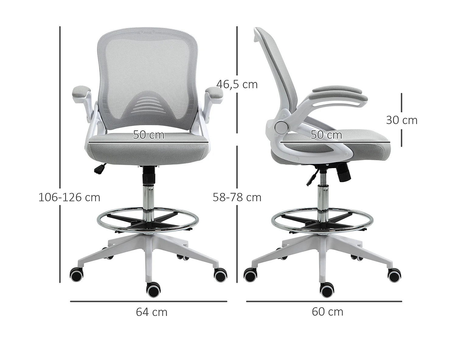 Fauteuil de bureau chaise de bureau assise haute réglable dim. 64L x 60l x 106-126H cm pivotant 360° maille respirante gris