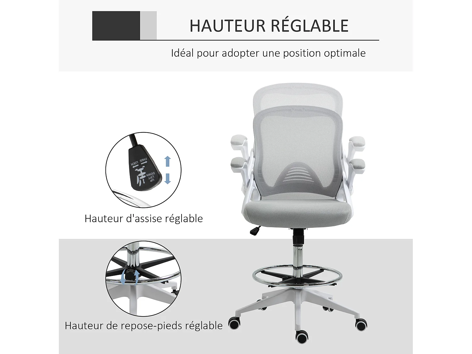 Fauteuil de bureau chaise de bureau assise haute réglable dim. 64L x 60l x 106-126H cm pivotant 360° maille respirante gris