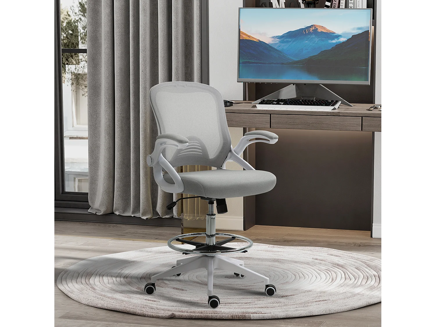 Fauteuil de bureau chaise de bureau assise haute réglable dim. 64L x 60l x 106-126H cm pivotant 360° maille respirante gris