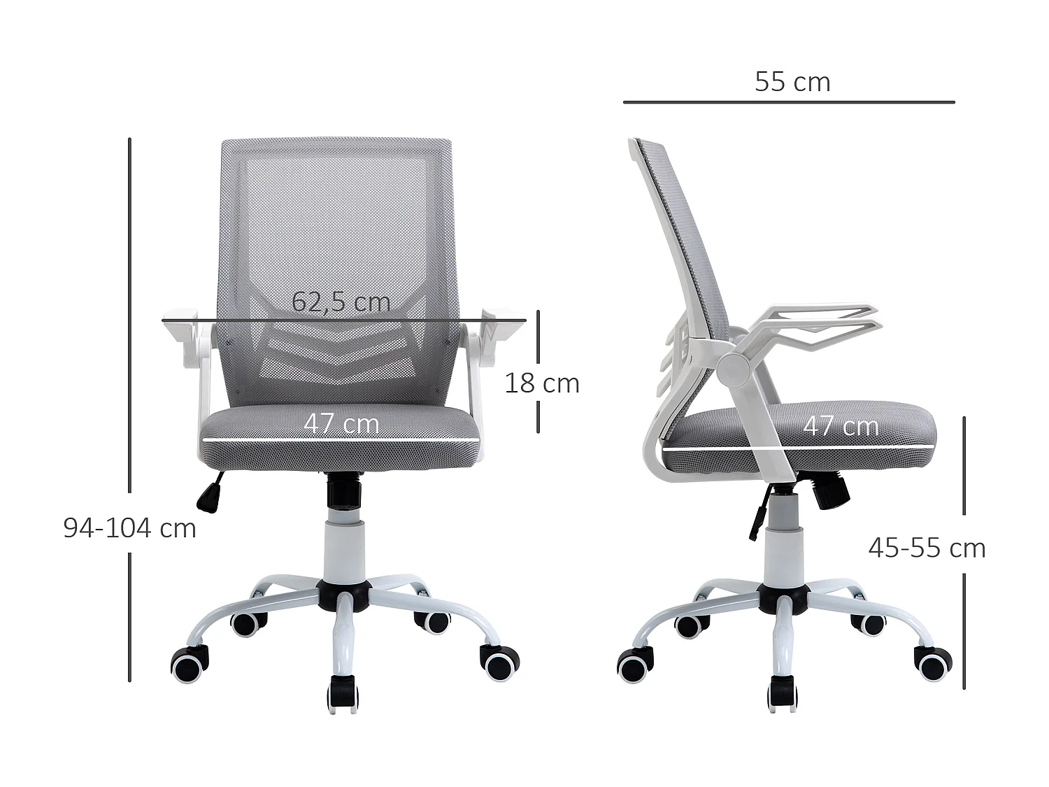 Vinsetto Chaise de bureau ergonomique support lombaires hauteur réglable pivotante 360° accoudoirs relevables polyester maille gris