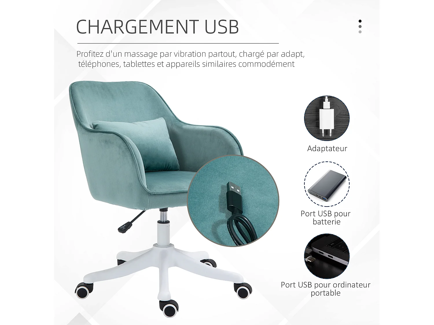 Chaise de bureau velours fauteuil bureau massant coussin lombaire intégré hauteur réglable pivotante 360° vert menthe