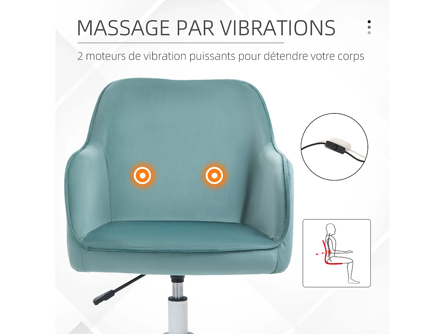 Chaise de bureau velours fauteuil bureau massant coussin lombaire intégré hauteur réglable pivotante 360° vert menthe