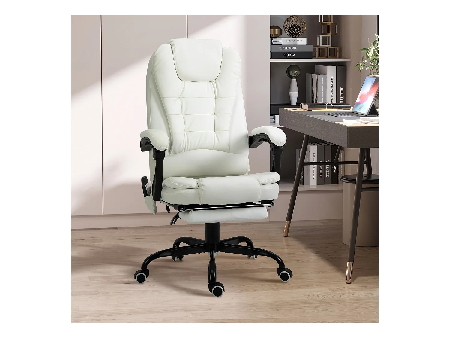 Vinsetto Fauteuil de bureau direction massant hauteur réglable dossier inclinable repose-pied + coussin lombaires intégrés revêtement synthétique blanc