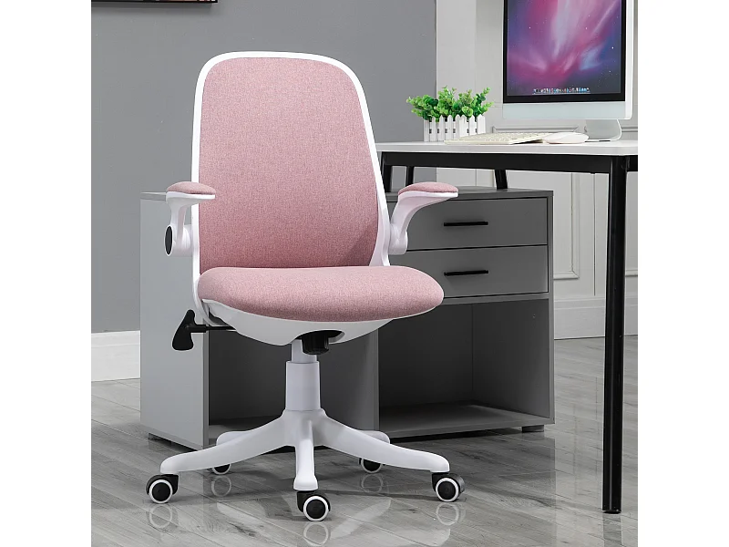 Vinsetto Chaise de bureau tissu lin hauteur réglable pivotante 360° accoudoirs relevables support lombaires réglable rose