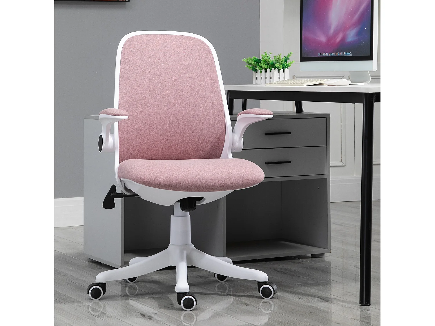 Vinsetto Chaise de bureau tissu lin hauteur réglable pivotante 360° accoudoirs relevables support lombaires réglable rose