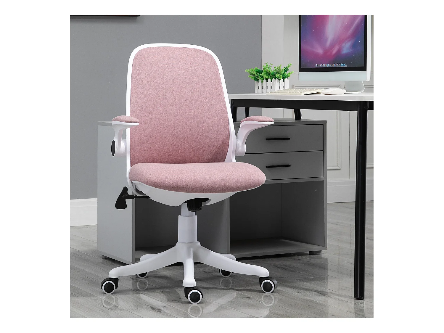 Vinsetto Chaise de bureau tissu lin hauteur réglable pivotante 360° accoudoirs relevables support lombaires réglable rose