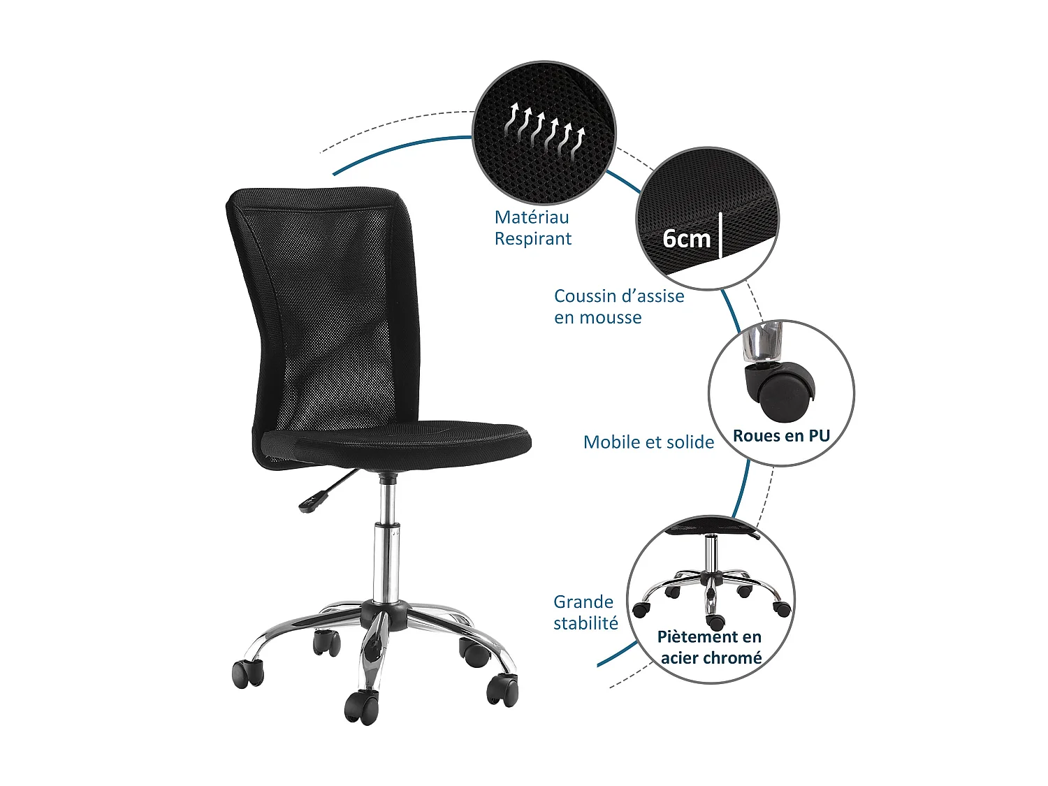 Vinsetto Chaise de bureau ergonomique hauteur réglable piètement chromé pivotant 360° revêtement maille noir