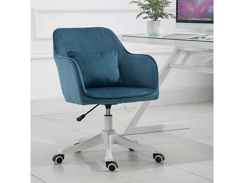 Chaise de bureau velours fauteuil bureau massant coussin lombaire intégré hauteur réglable pivotante 360° bleu