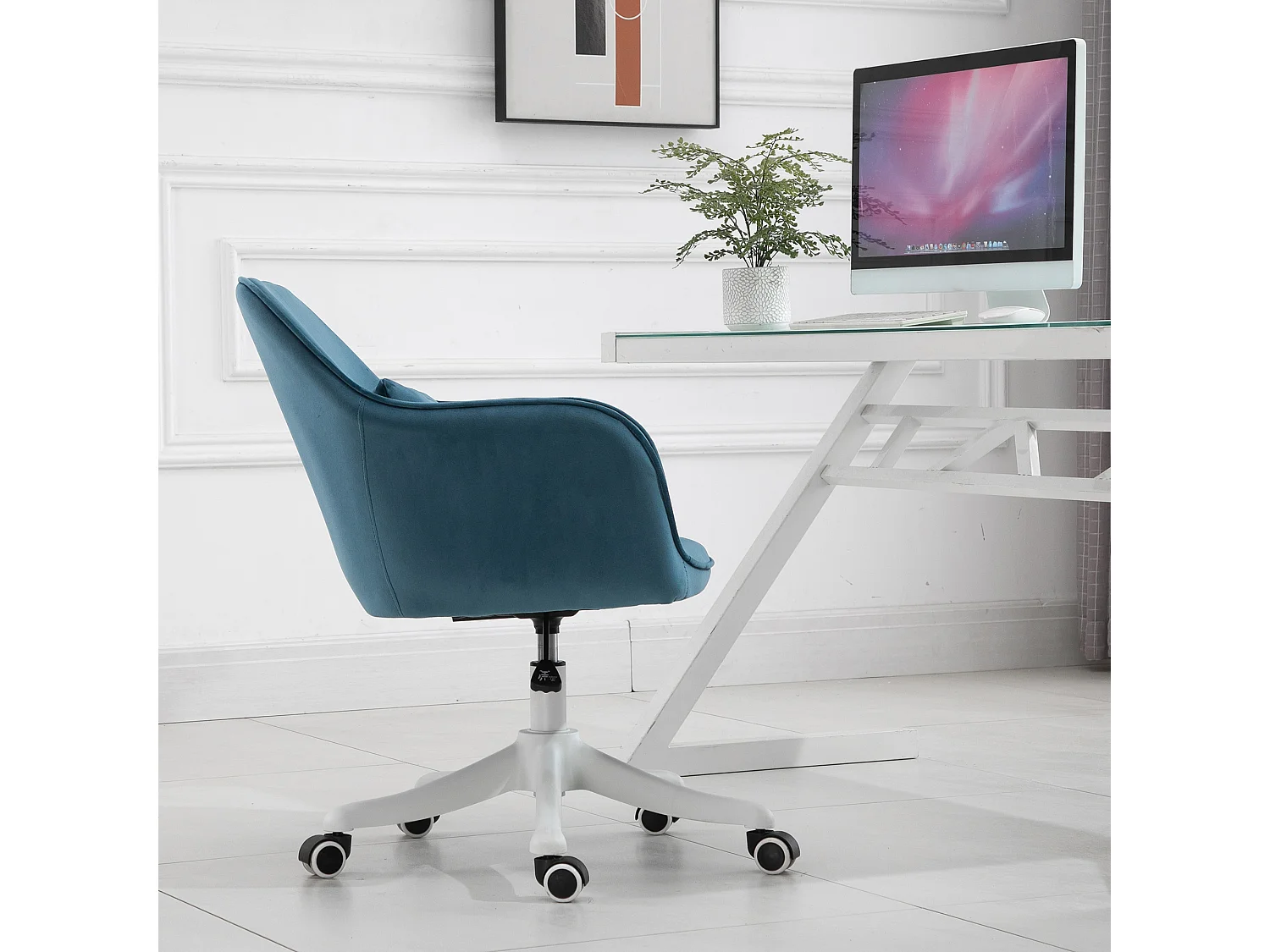 Chaise de bureau velours fauteuil bureau massant coussin lombaire intégré hauteur réglable pivotante 360° bleu
