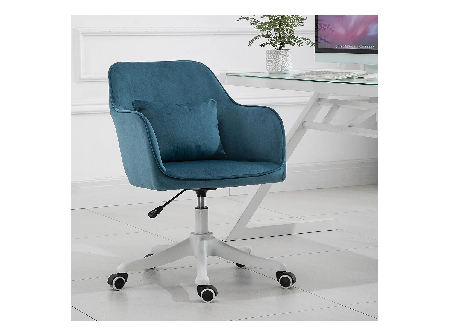 Chaise de bureau velours fauteuil bureau massant coussin lombaire intégré hauteur réglable pivotante 360° bleu