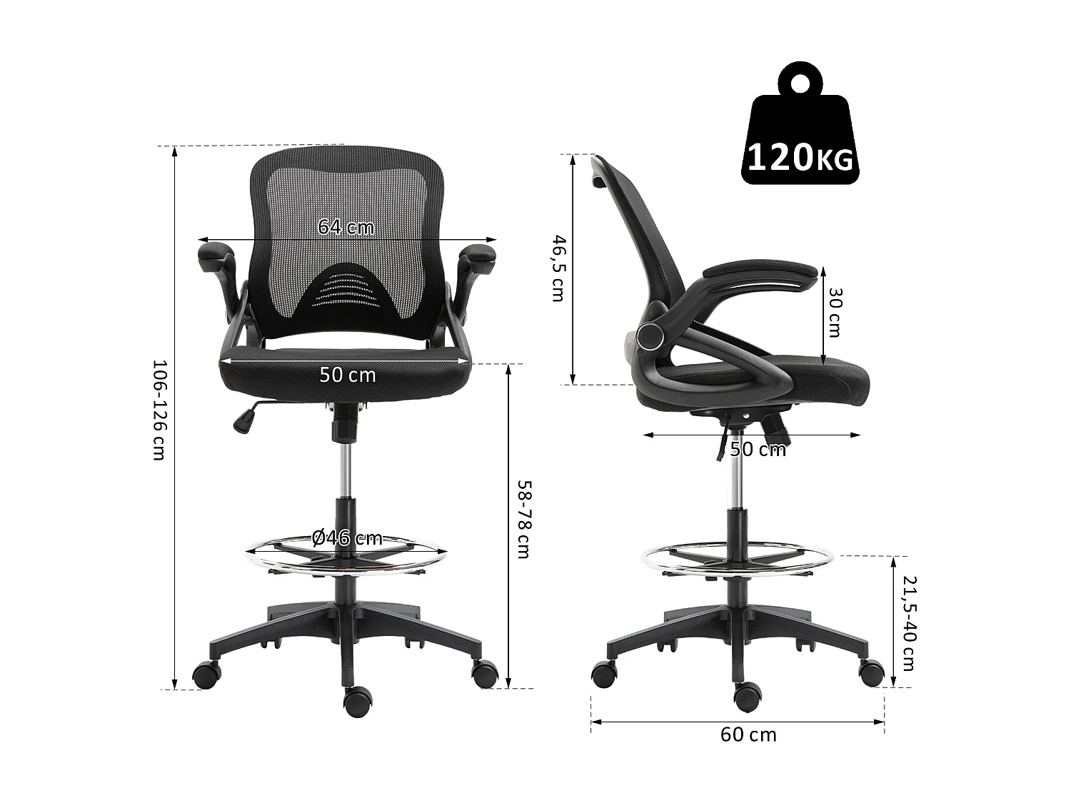 Fauteuil de bureau chaise de bureau assise haute réglable dim. 64L x 60l x 106-126H cm pivotant 360° maille respirante noir