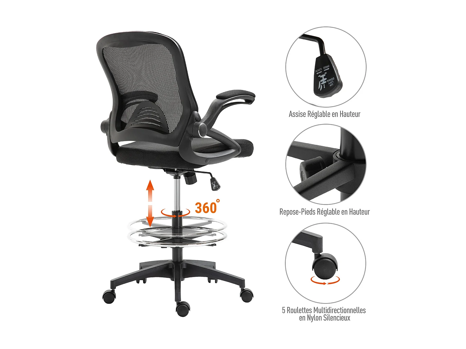 Fauteuil de bureau chaise de bureau assise haute réglable dim. 64L x 60l x 106-126H cm pivotant 360° maille respirante noir