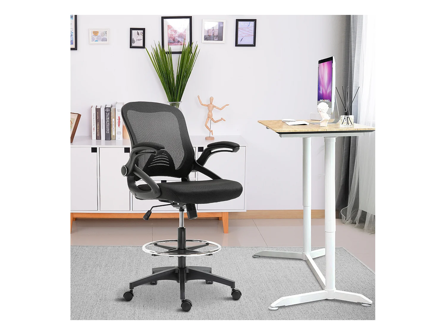 Fauteuil de bureau chaise de bureau assise haute réglable dim. 64L x 60l x 106-126H cm pivotant 360° maille respirante noir