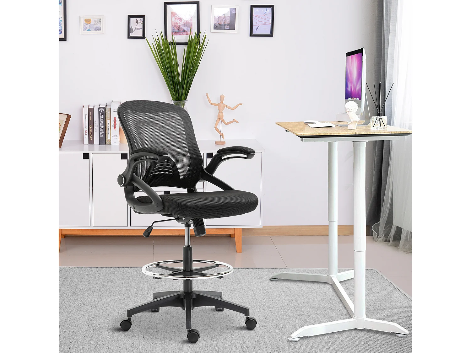 Fauteuil de bureau chaise de bureau assise haute réglable dim. 64L x 60l x 106-126H cm pivotant 360° maille respirante noir