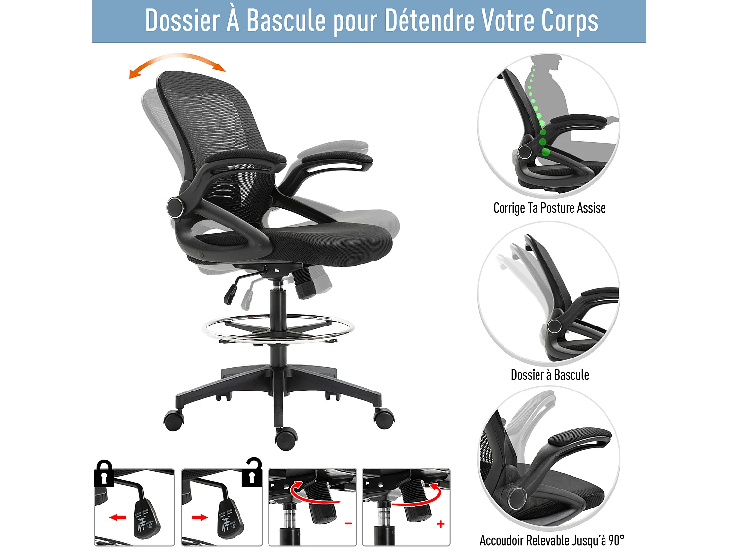 Fauteuil de bureau chaise de bureau assise haute réglable dim. 64L x 60l x 106-126H cm pivotant 360° maille respirante noir