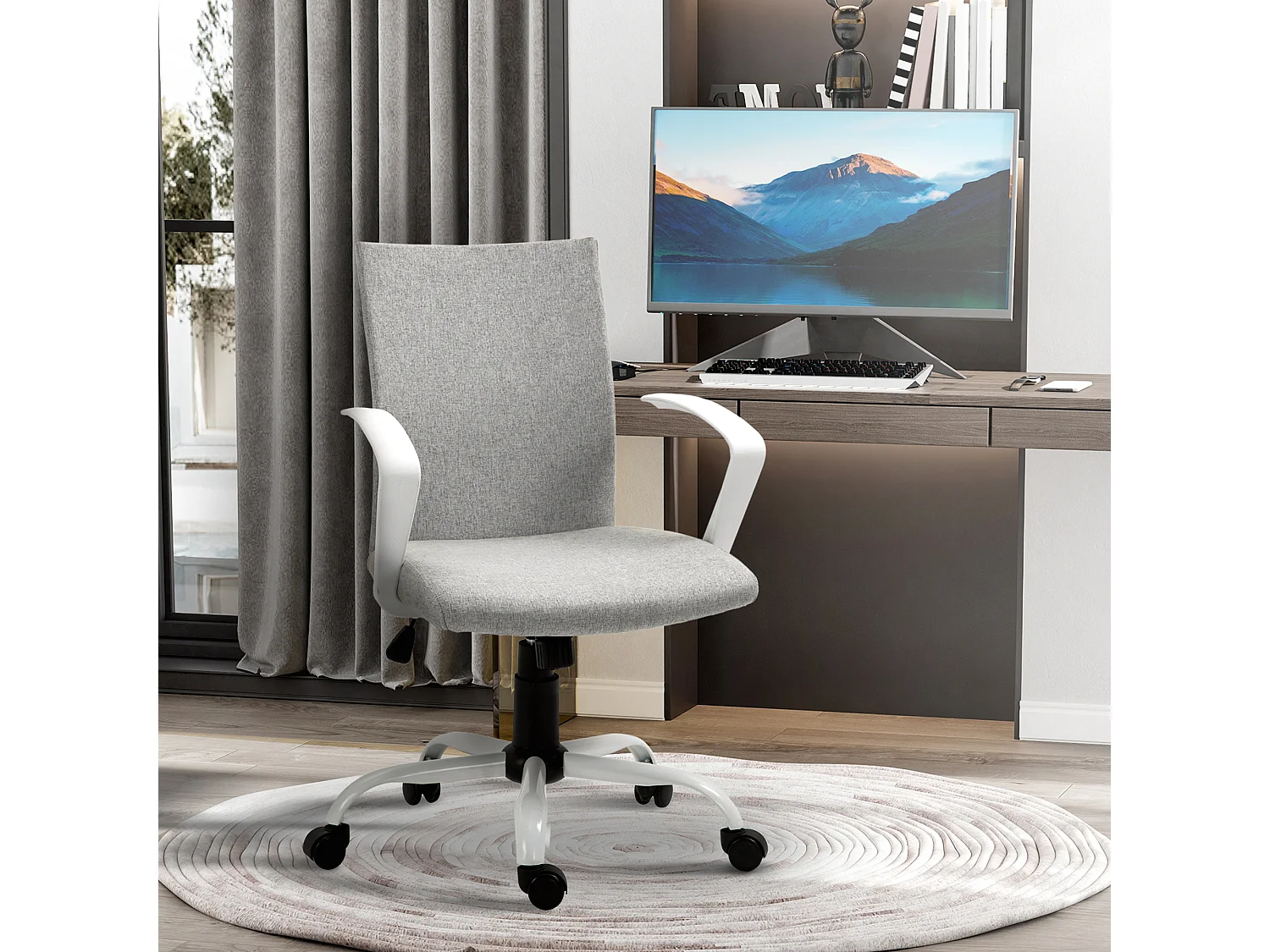 Chaise de bureau ergonomique hauteur réglable pivotante 360° piètement acier blanc lin gris clair