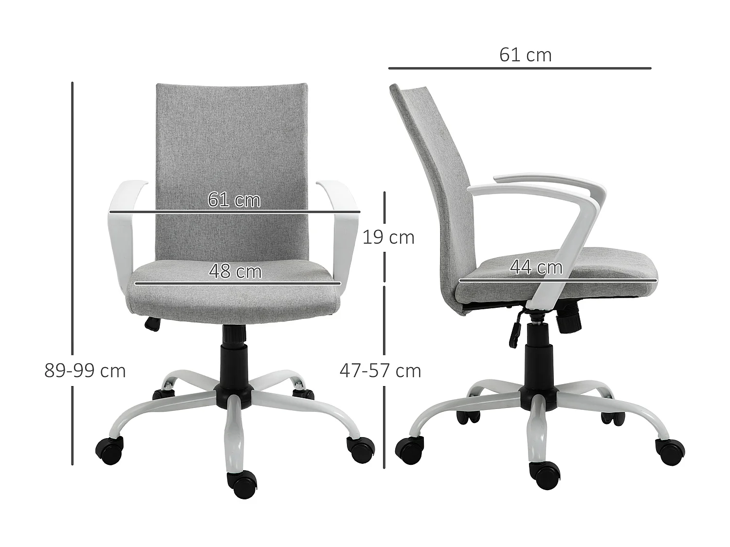 Chaise de bureau ergonomique hauteur réglable pivotante 360° piètement acier blanc lin gris clair