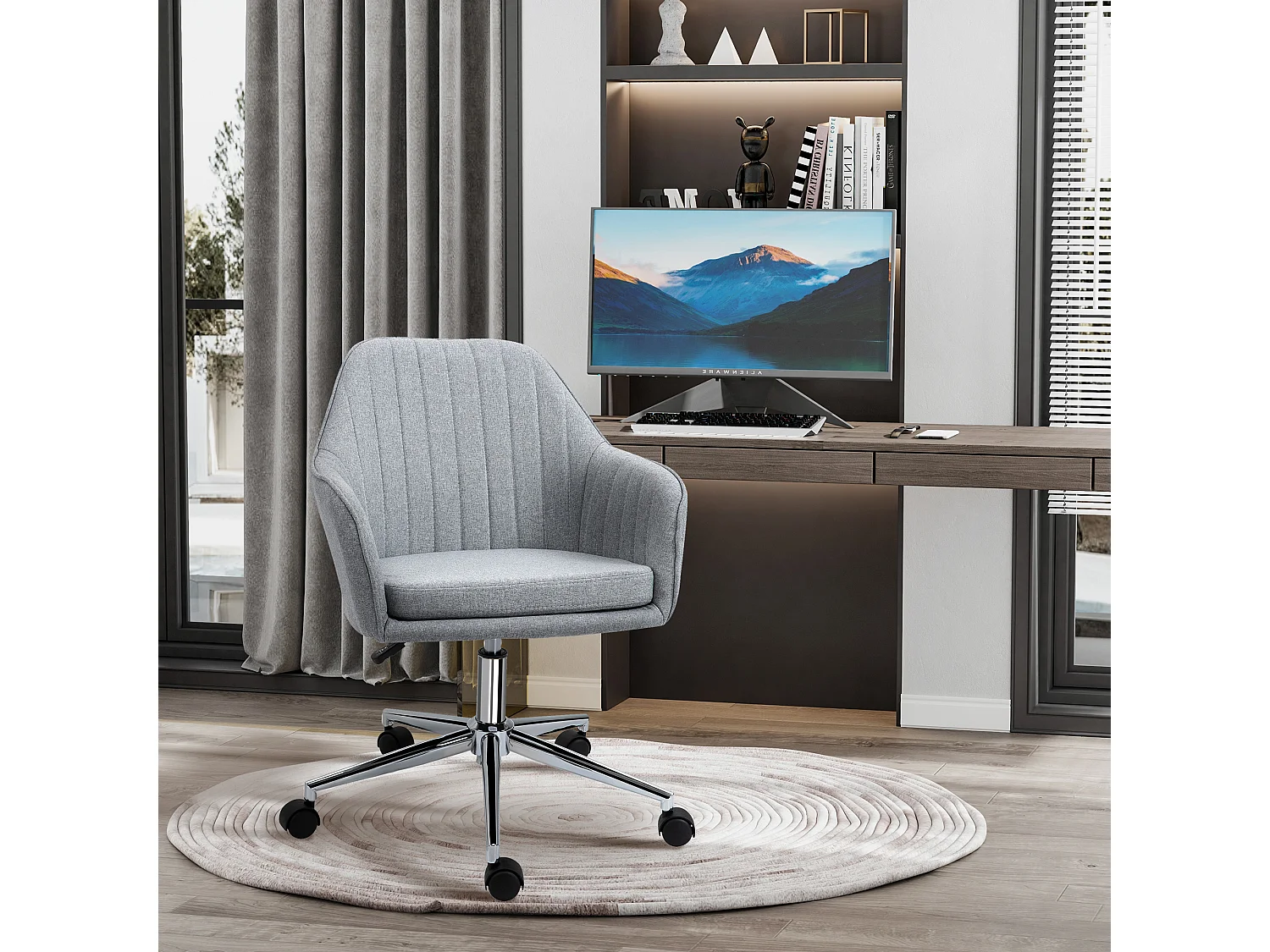 HOMCOM Chaise de bureau design contemporain dossier accoudoirs striés hauteur réglable pivotant 360° piètement chromé lin gris clair