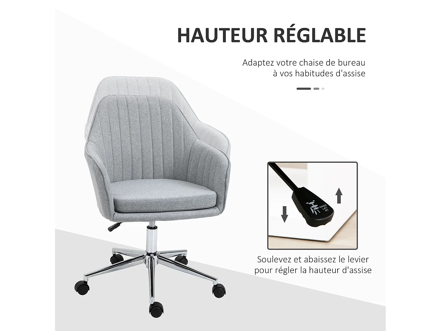 HOMCOM Chaise de bureau design contemporain dossier accoudoirs striés hauteur réglable pivotant 360° piètement chromé lin gris clair