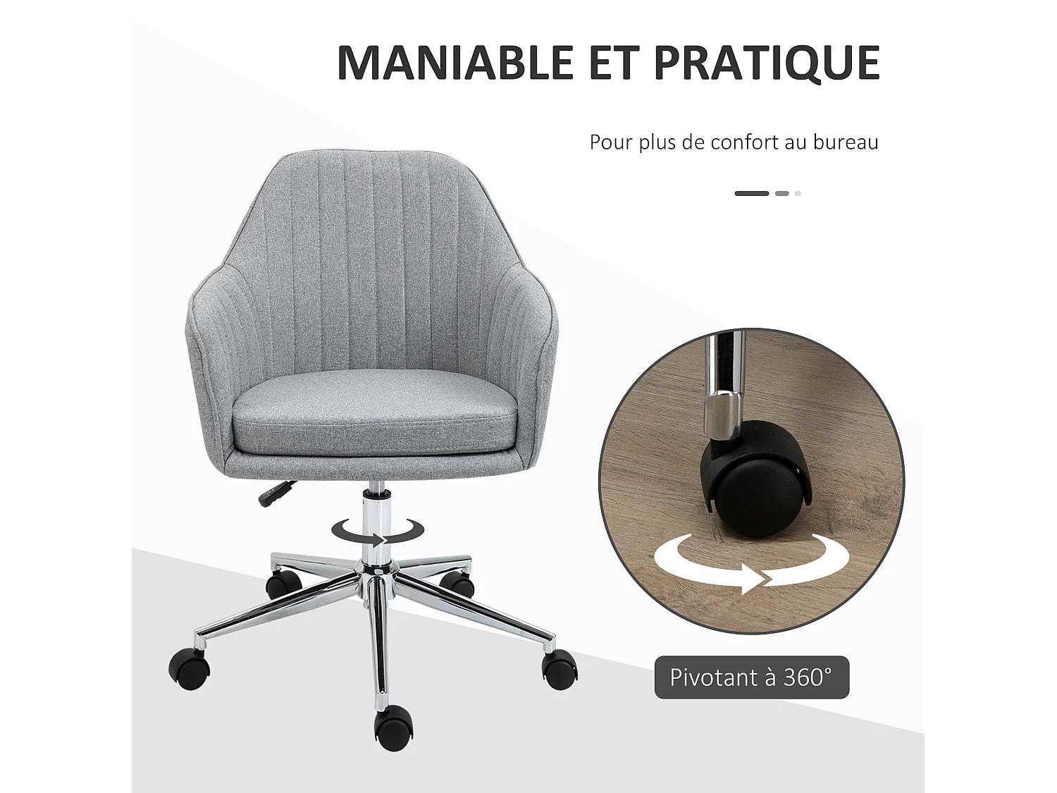 HOMCOM Chaise de bureau design contemporain dossier accoudoirs striés hauteur réglable pivotant 360° piètement chromé lin gris clair