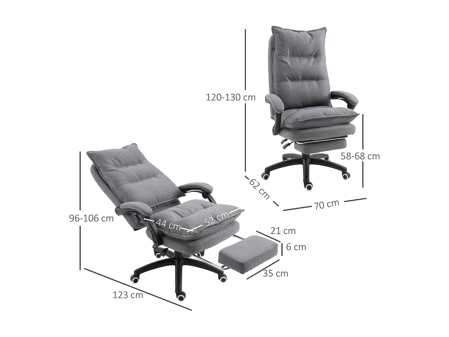 Fauteuil de bureau direction massant hauteur réglable dossier inclinable repose-pied intégré toile de lin gris chiné