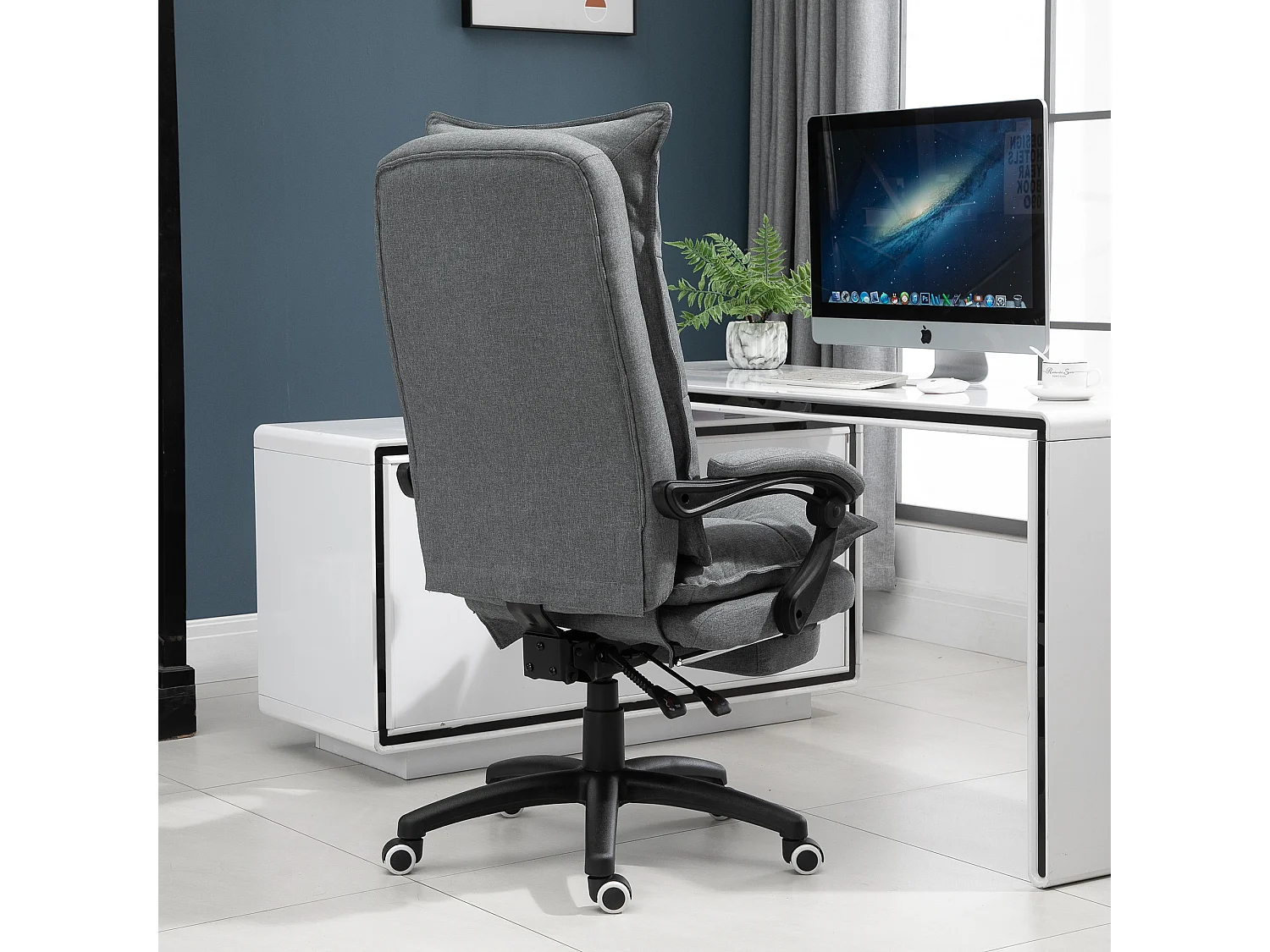 Fauteuil de bureau direction massant hauteur réglable dossier inclinable repose-pied intégré toile de lin gris chiné