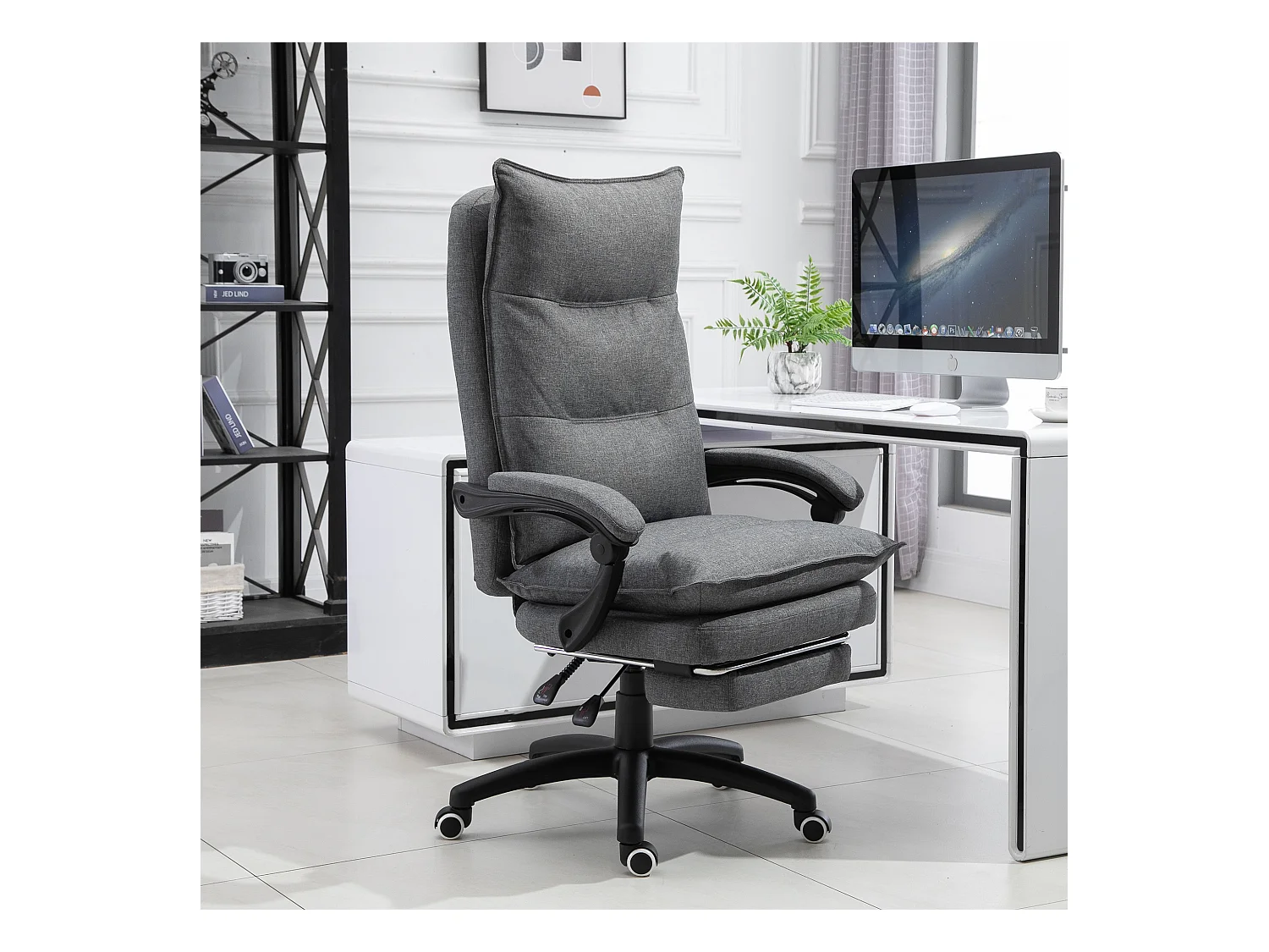 Fauteuil de bureau direction massant hauteur réglable dossier inclinable repose-pied intégré toile de lin gris chiné