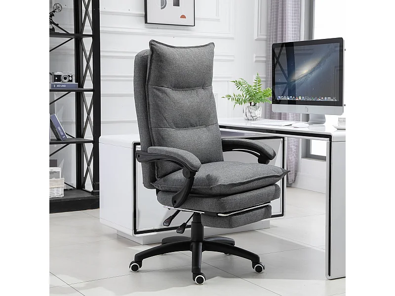 Fauteuil de bureau direction massant hauteur réglable dossier inclinable repose-pied intégré toile de lin gris chiné