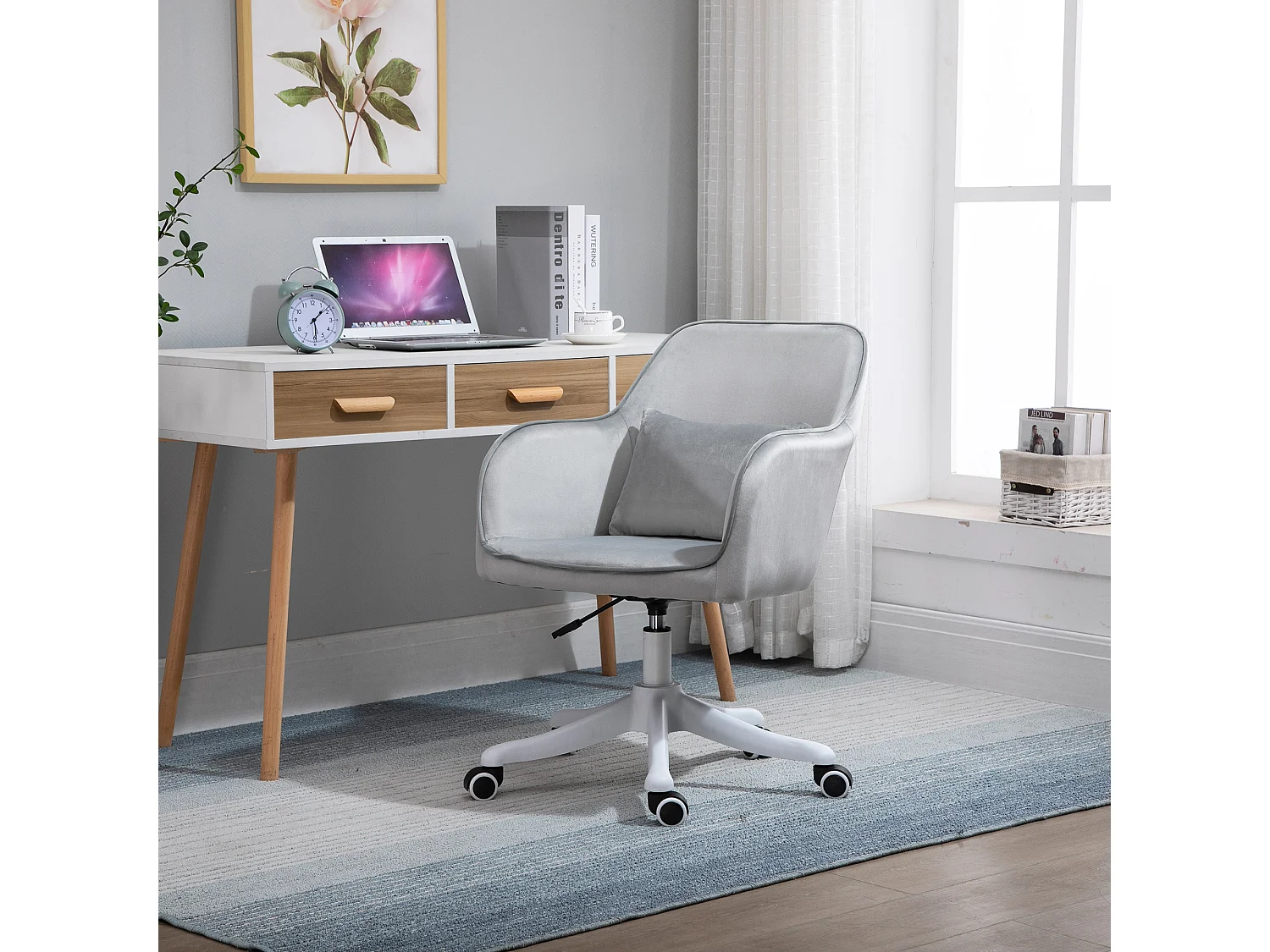 Chaise de bureau velours fauteuil bureau massant coussin lombaire intégré hauteur réglable pivotante 360° gris clair