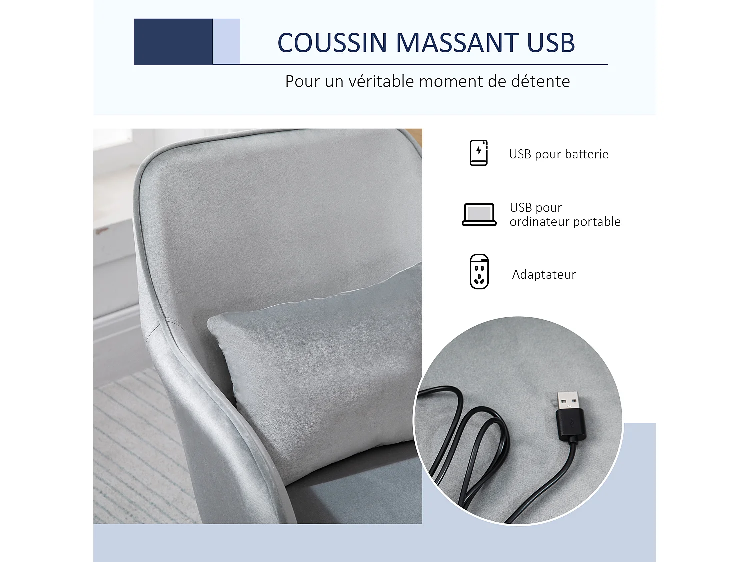 Chaise de bureau velours fauteuil bureau massant coussin lombaire intégré hauteur réglable pivotante 360° gris clair