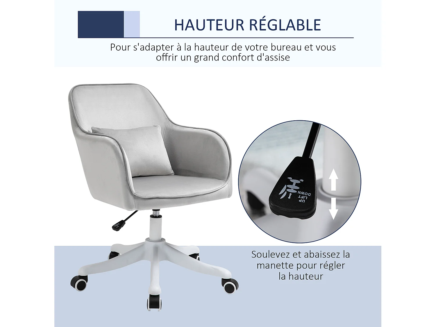 Chaise de bureau velours fauteuil bureau massant coussin lombaire intégré hauteur réglable pivotante 360° gris clair