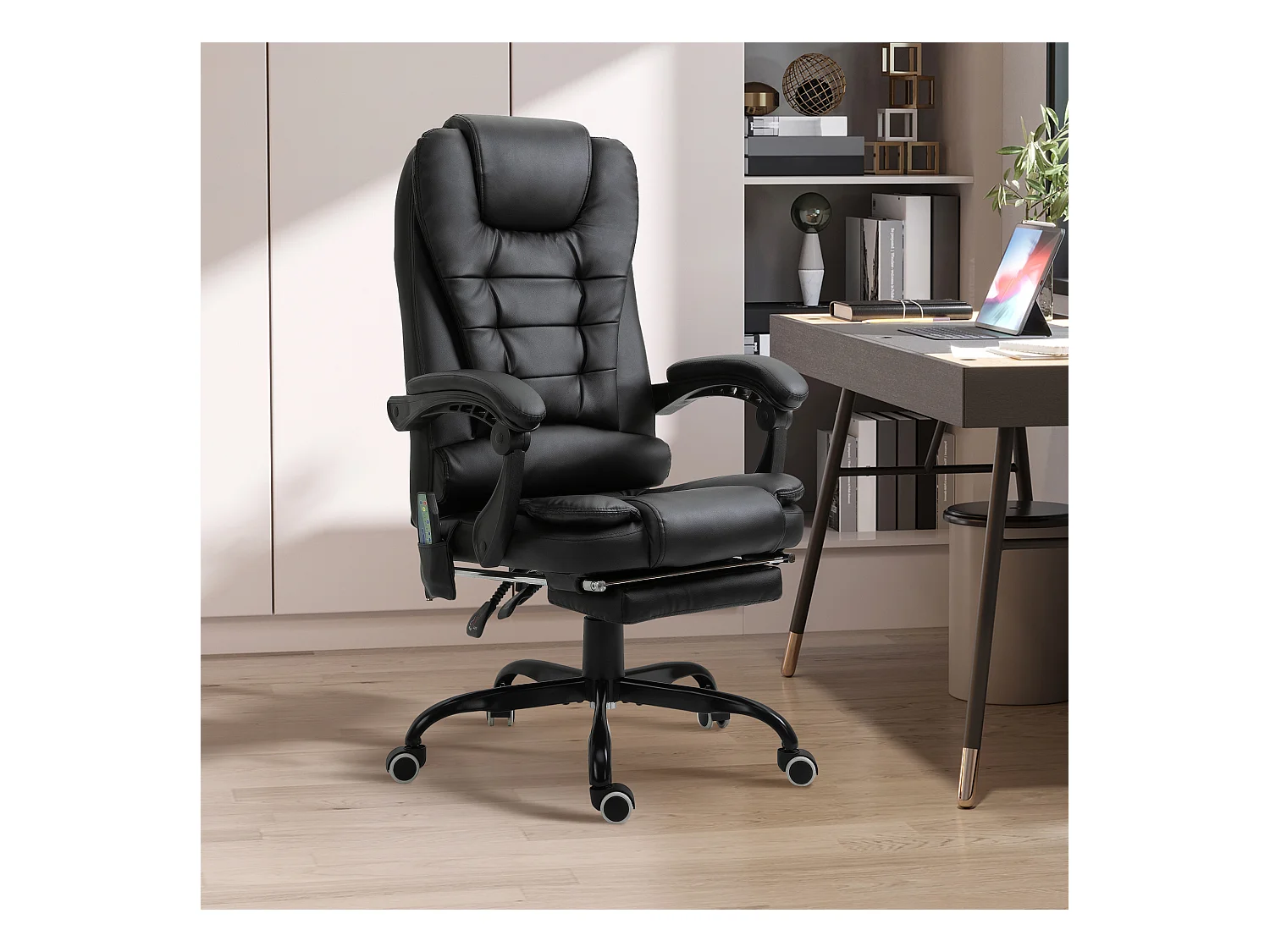 Vinsetto Fauteuil de bureau direction massant hauteur réglable dossier inclinable repose-pied + coussin lombaires intégrés revêtement synthétique noir