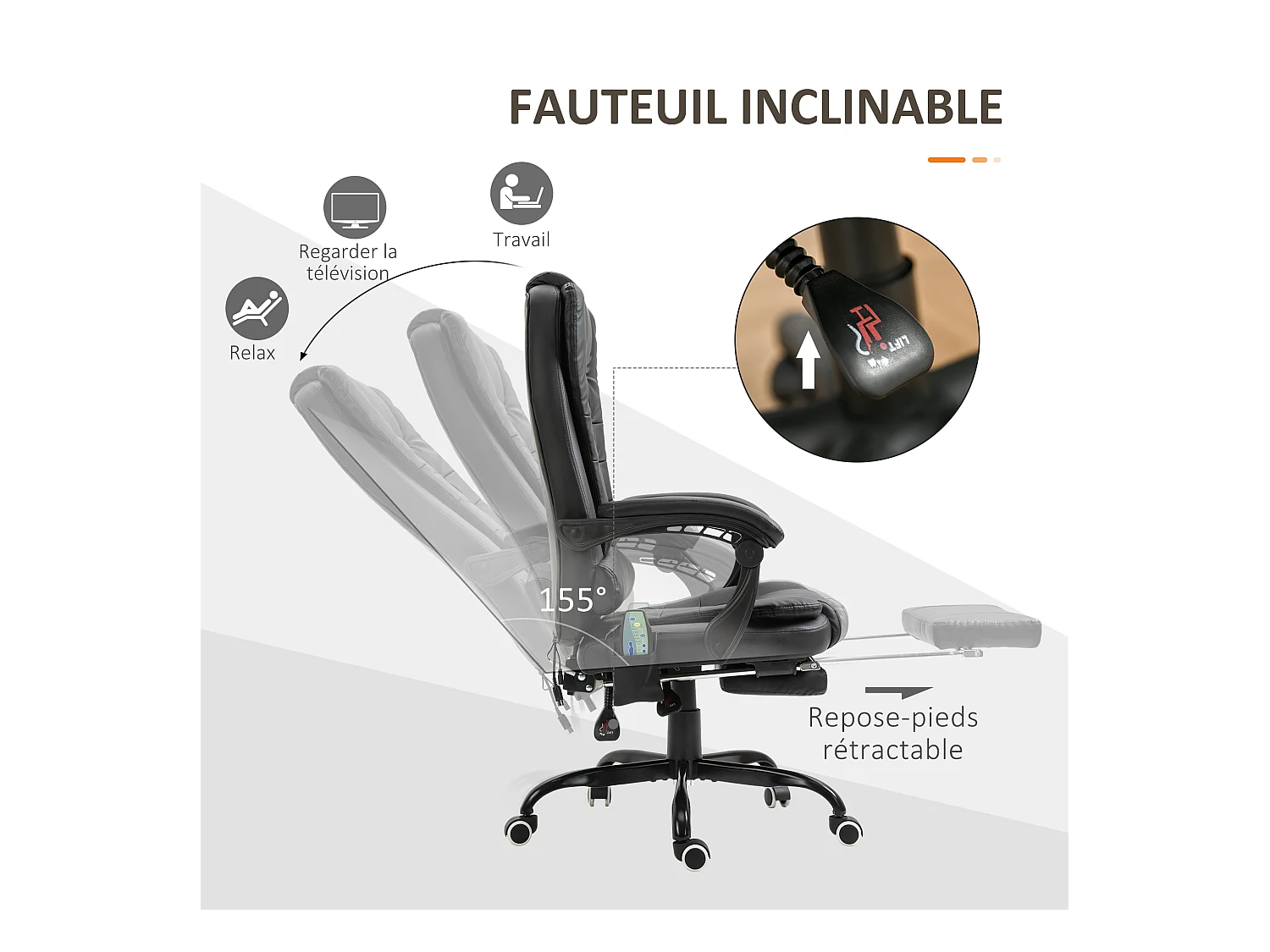 Vinsetto Fauteuil de bureau direction massant hauteur réglable dossier inclinable repose-pied + coussin lombaires intégrés revêtement synthétique noir