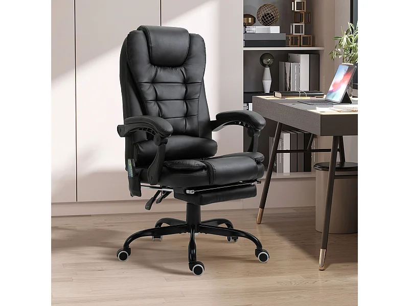 Vinsetto Fauteuil de bureau direction massant hauteur réglable dossier inclinable repose-pied + coussin lombaires intégrés revêtement synthétique noir