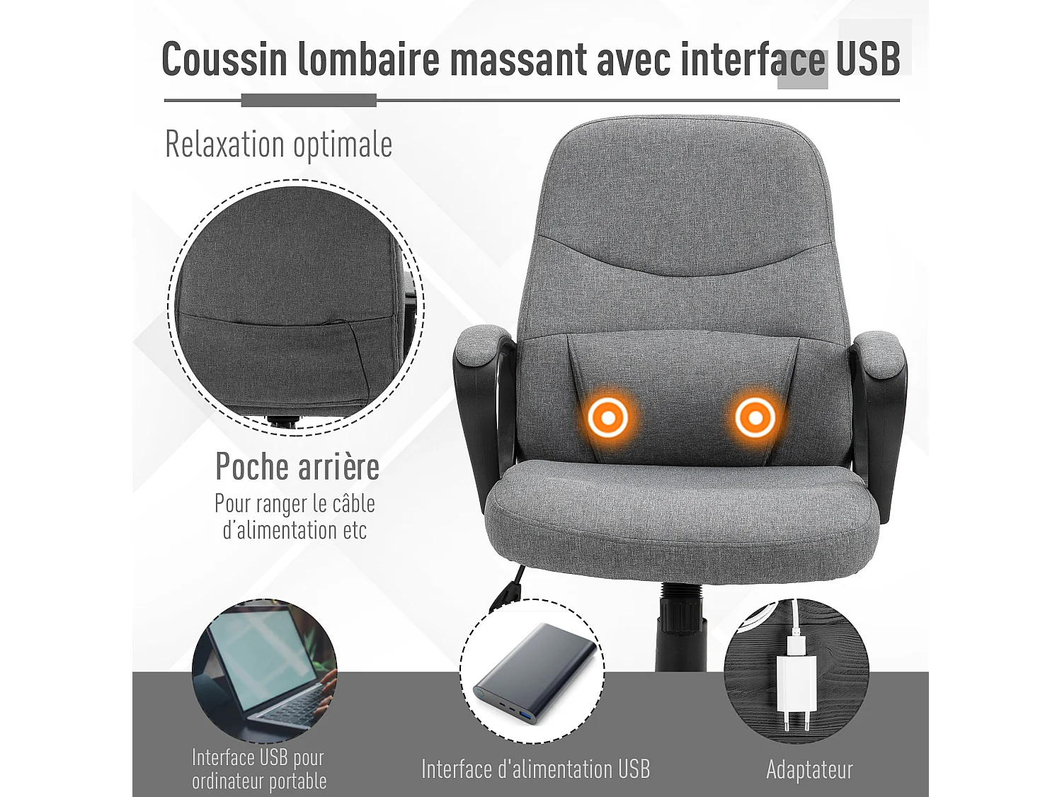 Vinsetto Chaise de bureau fauteuil bureau massant pivotant hauteur réglable tissu lin gris