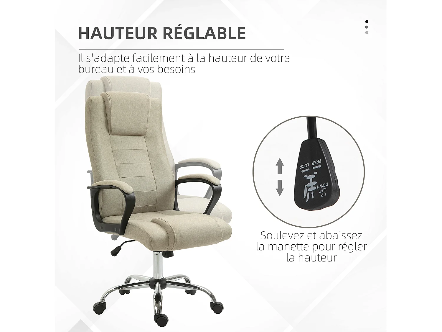 Fauteuil de bureau à roulettes chaise manager ergonomique pivotante hauteur réglable lin beige