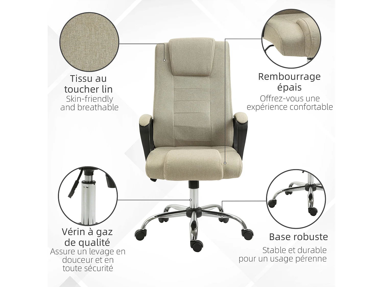 Fauteuil de bureau à roulettes chaise manager ergonomique pivotante hauteur réglable lin beige