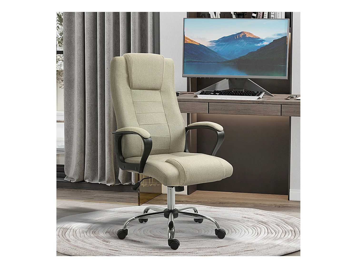 Fauteuil de bureau à roulettes chaise manager ergonomique pivotante hauteur réglable lin beige
