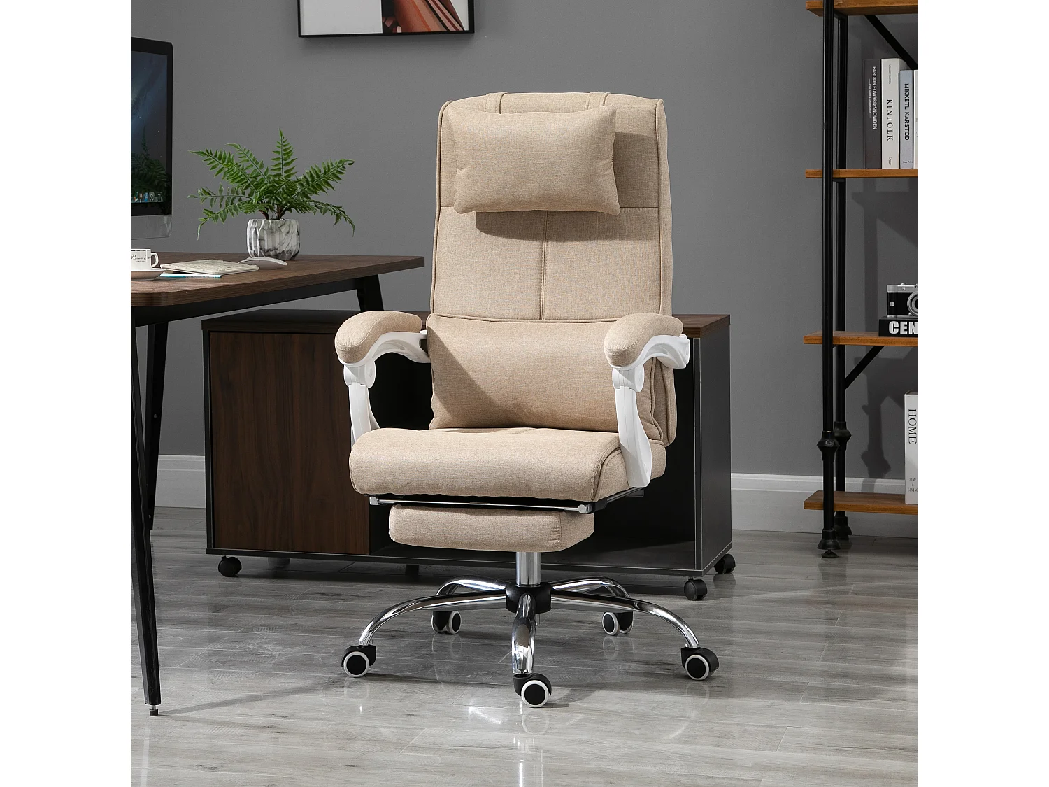 Fauteuil de bureau manager grand confort repose-pied tétière intégrés dossier inclinable lin beige