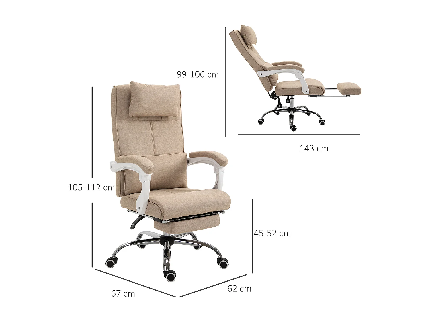 Fauteuil de bureau manager grand confort repose-pied tétière intégrés dossier inclinable lin beige