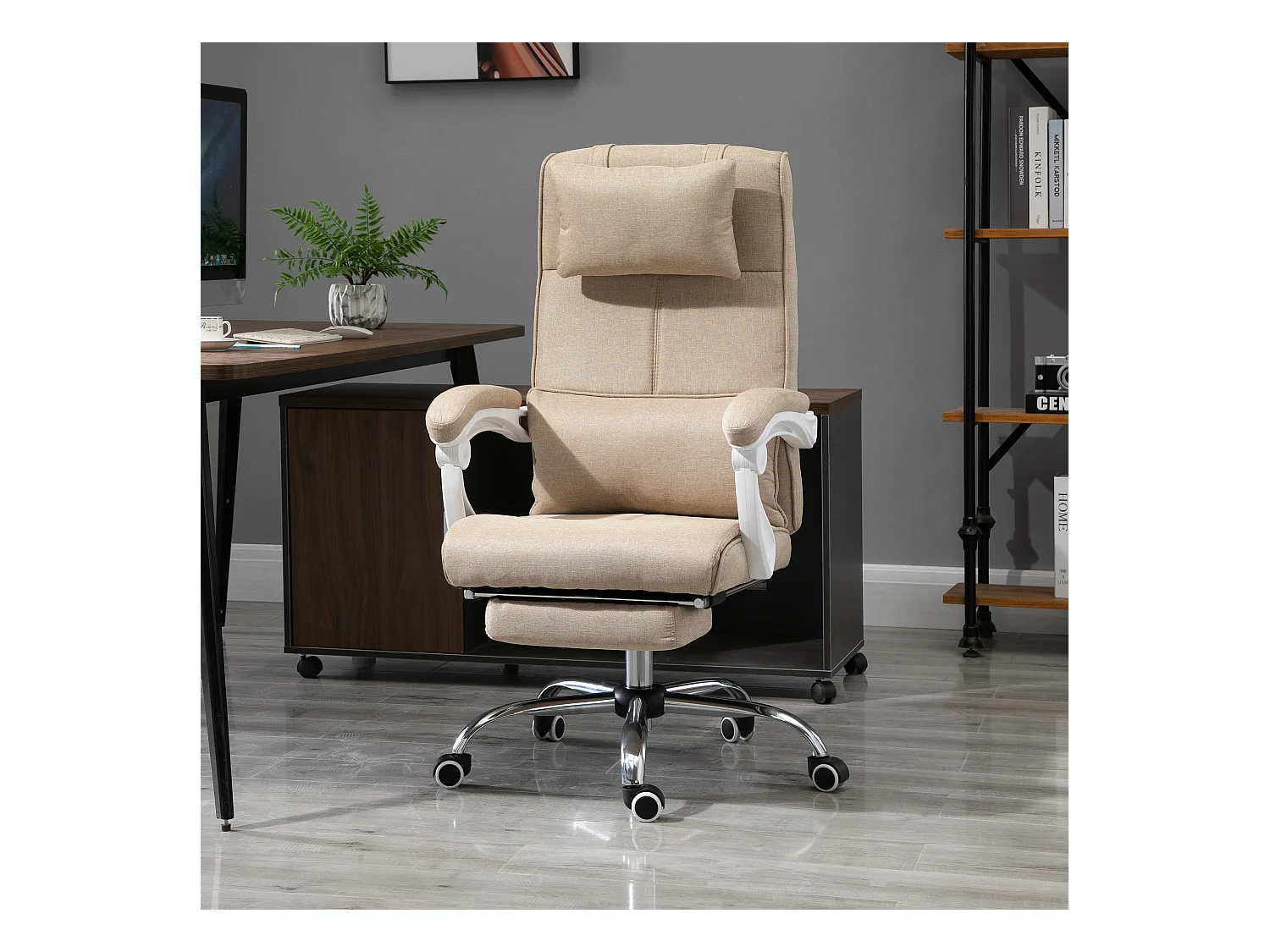 Fauteuil de bureau manager grand confort repose-pied tétière intégrés dossier inclinable lin beige