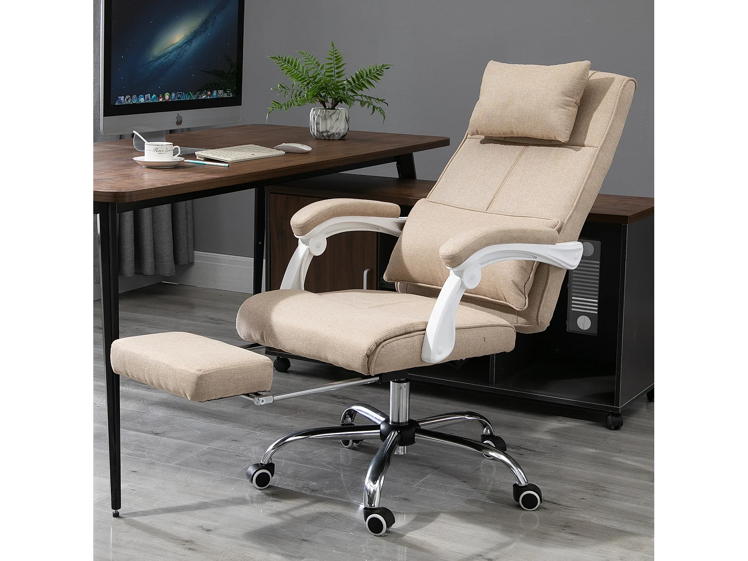Fauteuil de bureau manager grand confort repose-pied tétière intégrés dossier inclinable lin beige