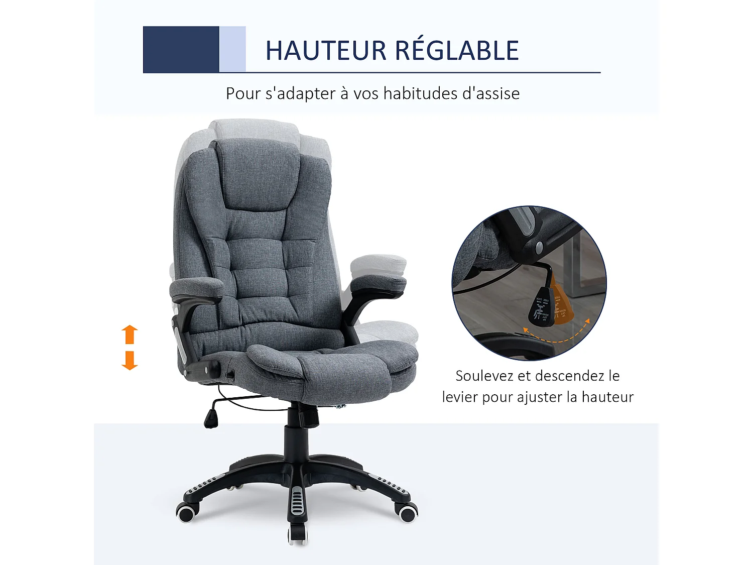 Vinsetto Fauteuil de bureau direction ergonomique hauteur réglable dossier inclinable toile de lin gris chiné