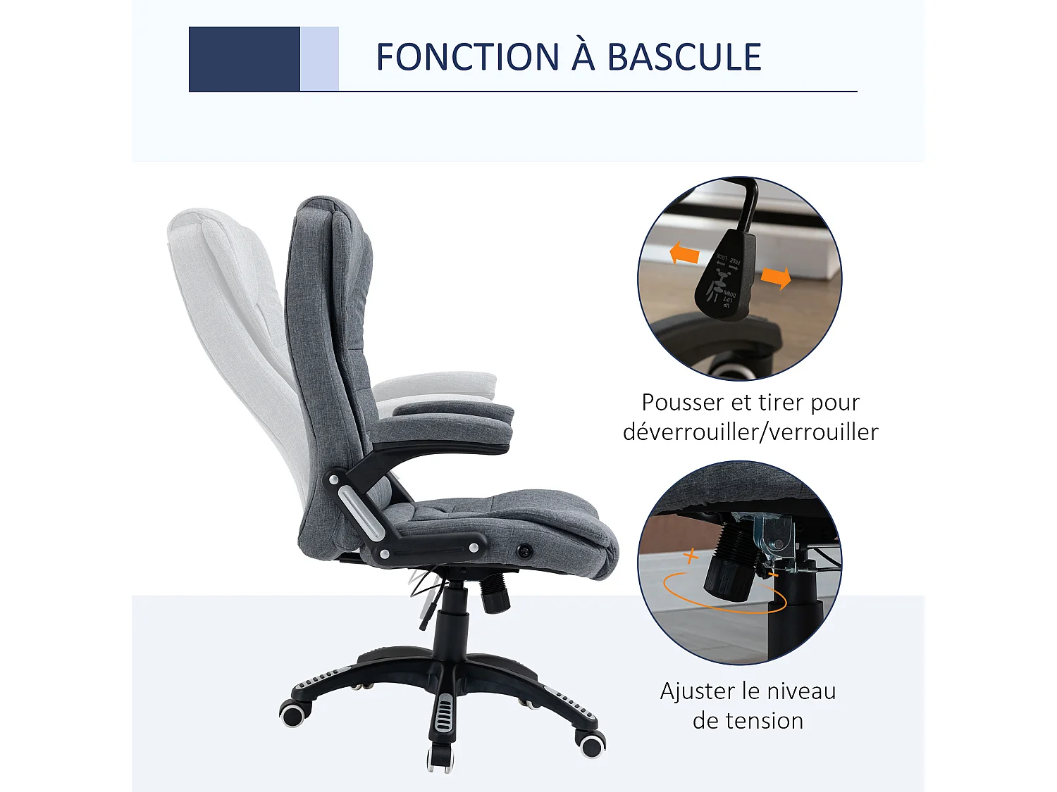 Vinsetto Fauteuil de bureau direction ergonomique hauteur réglable dossier inclinable toile de lin gris chiné